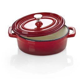 Kokotte Gusseisen mit Deckel weiß rot oval 120 mm  x 90 mm  H 50 mm  | angegossene Griffe Produktbild