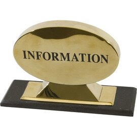 Info Schild  "Information", Chrom-Nickel-Stahl, beidseitig beschriftet, hochwertige Ausführung, schwerer Marmorfuß, Schild  24 x 17 cm, Fuß  31 x 10 cm Produktbild