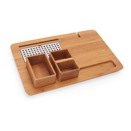 RESTPOSTEN | Welcome Tray aus Bambus, hellere Ausführung, mit 3 Schalen: 1 x für Zucker (10,4 x 6,8 x4,7 cm), 2 x für Kaffee oder Teebeutel (je 5,2 x 6,8 x 4,7 cm), Gesamtmaß: 36 x 24 x 2 cm Produktbild