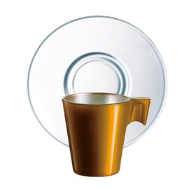 Obertasse 80 ml Hartglas goldfarben mit Henkel mit transparenter Untertasse Produktbild