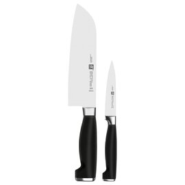 Messerset 2-tlg., Serie: TWIN Four Star II, bestehend aus Spick- und Garniermesser 100 mm und Santokumesser 180 mm, Griff: Kunststoff, schwarz, Edelstahlapplikation Produktbild