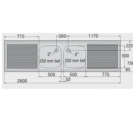 Spülabdeckung ZM 26x7 mit Abtropffläche links und rechts 2 Becken | 500 x 500 x 250 mm L 2600 mm B 700 mm Produktbild