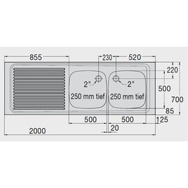 Spülabdeckung ZS 20x7 RE mit Abtropffläche links gerillt 2 Becken | 500 x 500 x 250 mm L 2000 mm B 700 mm Produktbild