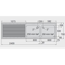 Spülabdeckung ZS 24x7 RE mit Abtropffläche links gerillt 2 Becken | 600 x 500 x 250 mm L 2400 mm B 700 mm Produktbild