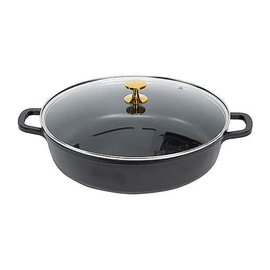 Pfanne mit Deckel rund 5,5 ltr Aluminiumguss schwarz | antihaftbeschichtet | Knopfgriff goldfarben Produktbild
