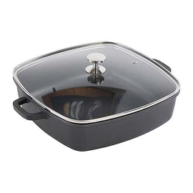 Pfanne mit Deckel quadratisch 5 ltr Aluminiumguss 280 mm schwarz x 280 mm | antihaftbeschichtet | Edelstahl-Knopfgriff Produktbild