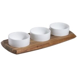 Dip Set Holztablett | 3 Porzellanschälchen Porzellan  L 340 mm  B 145 mm  H 15 mm Produktbild