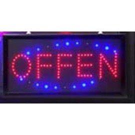 LED Schild "OFFEN", mit schwarzem Kunststoffrahmen, ruhende Schrift, während blaue LEDS schnell umlaufen, nicht für Außeneinsatz geeignet, Maße: L x B: 48 x 25 cm, Leistung: 230 V Produktbild