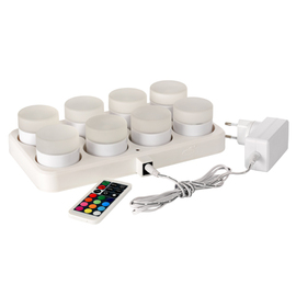 LED-Mini-Lampen-Set verschiedene Farben | Ladestation | Adapter | Fernbedienung  Ø 50 mm  H 48 mm | Brenndauer 13 Stunden Produktbild