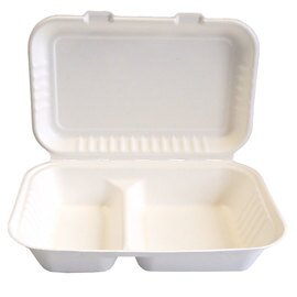 Bio-Lunchbox DOUBLE Zuckerrohr weiß mit Deckel 100% kompostierbar  L 245 mm  B 160 mm  H 85 mm 2 Fächer Produktbild