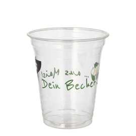 Kaltgetränkebecher PLA 0,3 ltr mit Eichstrich | Schriftzug "Becher aus Mais" | Schaumrand | Einweg Produktbild