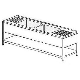 Gewerbe-Spültisch Standrohrventile mit Abtropffläche links und rechts 2 Becken | 400 x 500 x 300 mm mit Grundboden L 2000 mm B 700 mm Produktbild