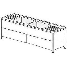 Gewerbe-Spültisch mit Abtropffläche links und rechts 2 Becken | 600 x 500 x 320 mm mit Grundboden mit Schiebetüren L 2500 mm B 700 mm Produktbild