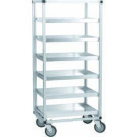 Ladentransportwagen L 650 x T 475 x H 1420 mm, Aluminium eloxiert, 25 x 25 mm, mit hinterer Anschlagleiste, passend für insgesamt 6 Bleche 590 x 420 x 40 mm im Abstand von 200 mm, 4 gummibereifte Lenkrollen Ø 125 mm, Gehäuse verzinkt (ohne Bleche) Produktbild