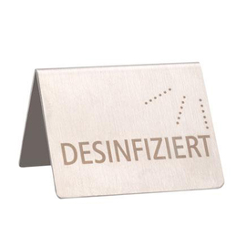 Tischaufsteller • DESINFIZIERT | DISINFECTED • Edelstahl L 50 mm x 45 mm H 35 mm Produktbild