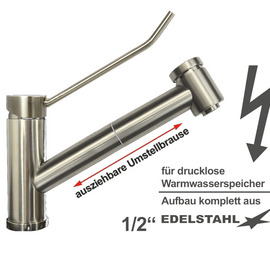 Spültischbatterie exis | für drucklose Warmwasserspeicher | Brausekopf rund Produktbild