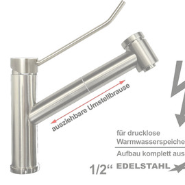 Spültischbatterie exis | für drucklose Warmwasserspeicher | Brausekopf rund auf Säule Produktbild