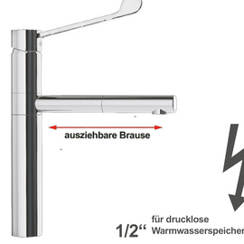 Spültischbatterie xara | für drucklose Warmwasserspeicher | langer Hebel auf Säule Ausladung 225 mm Produktbild