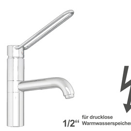 Spültischbatterie taya | für drucklose Warmwasserspeicher | langer Ringhebel auf Säule Ausladung 250 mm Produktbild