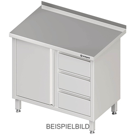 Arbeitsschrank mit Flügeltür, 800x600x850 mm, mit 3er Schubladenblock links, mit Aufkantung, verschweißt Produktbild