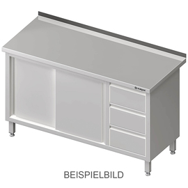 Arbeitsschrank mit Schiebetüren, 1800x600x850 mm, mit 3er Schubladenblock links, mit Aufkantung, verschweißt Produktbild