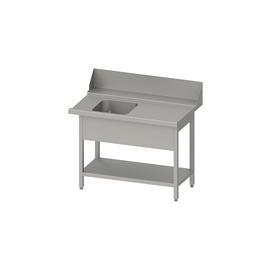 Zulauftisch "PRO", Korbführung mit Gefälle, mit Grundboden, mit einem Becken, 800x750x880 mm, Anbauseite rechts, mit Aufkantung 200 mm und Beckenblende, verschweißt Produktbild
