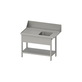 Zulauftisch "PRO", Korbführung mit Gefälle, mit Grundboden, mit einem Becken, 1100x750x880 mm, Anbauseite links, mit Aufkantung 200 mm und Beckenblende, verschweißt Produktbild