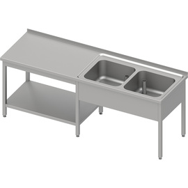 Cheftisch mit Grundboden unter der Arbeitsfläche, mit zwei Becken rechts 1800x600x850 mm, mit Aufkantung, verschweißt Produktbild