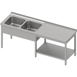 Cheftisch mit Grundboden unter der Arbeitsfläche, mit zwei Becken links 1800x700x850 mm, mit Aufkantung, verschweißt Produktbild