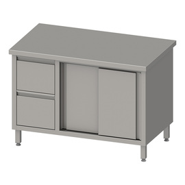 Arbeitsschrank mit Schiebetüren, 1200x600x850 mm, mit 2er Schubladenblock links, ohne Aufkantung, verschweißt Produktbild