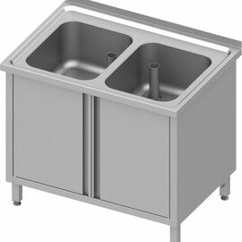 Spülschrank mit Flügeltüren 1000x600x850 mm, mit zwei Becken mit Aufkantung, verschweißt Produktbild