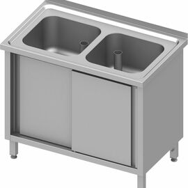 Spülschrank mit Schiebetüren 1000x600x850 mm, mit zwei Becken mit Aufkantung, verschweißt Produktbild