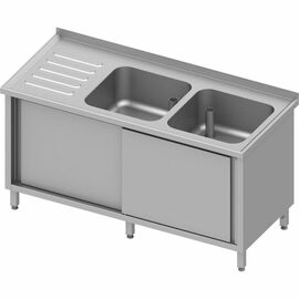 Spülschrank mit Schiebetüren, 1500x600x850 mm, mit zwei Becken rechts, mit Aufkantung, verschweißt Produktbild