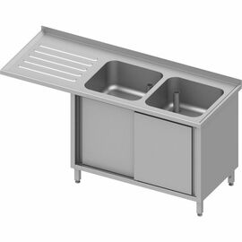 Spülschrank mit Schiebetüren und Überstand 1600x600x900 mm, mit zwei Becken rechts, mit Aufkantung, verschweißt Produktbild
