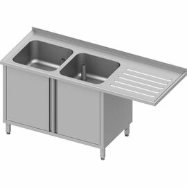 Spülschrank mit Flügeltüren und Überstand 1600x700x900 mm, mit zwei Becken links, mit Aufkantung, verschweißt Produktbild