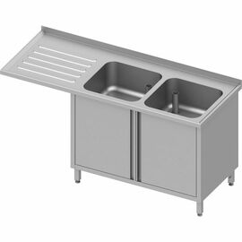 Spülschrank mit Flügeltüren und Überstand 1600x700x900 mm, mit zwei Becken rechts, mit Aufkantung, verschweißt Produktbild