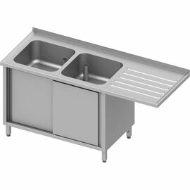 Spülschrank mit Schiebetüren und Überstand 1600x700x900 mm, mit zwei Becken links, mit Aufkantung, verschweißt Produktbild