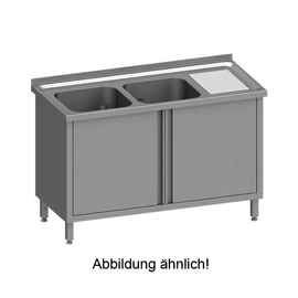 Spülschrank mit Flügeltüren 1100x600x850 mm, mit zwei Becken links, mit Aufkantung, verschweißt Produktbild