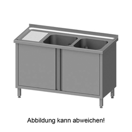 Spülschrank mit Flügeltüren 1100x700x850 mm, mit zwei Becken rechts, mit Aufkantung, verschweißt Produktbild