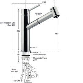 Spültischbatterie mini Niederdruck ausziehbar Ausladung 230 mm H 180 mm Produktbild 1 S