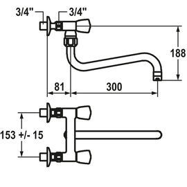 Zweigriffmischer GASTRO Zweiloch Wandarmatur A 300 mm H 188 mm Produktbild 1 S