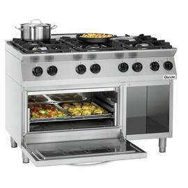 6 burner gas stove gastronorm 400 volts 6 kW (electric oven) 28.5 kW (gas) | oven | half-open base unit product photo  S