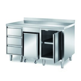 cabinet table | 1500 mm x 800 mm H 870 mm with condiment container with 3 drawers with 1 wing door | upstand product photo